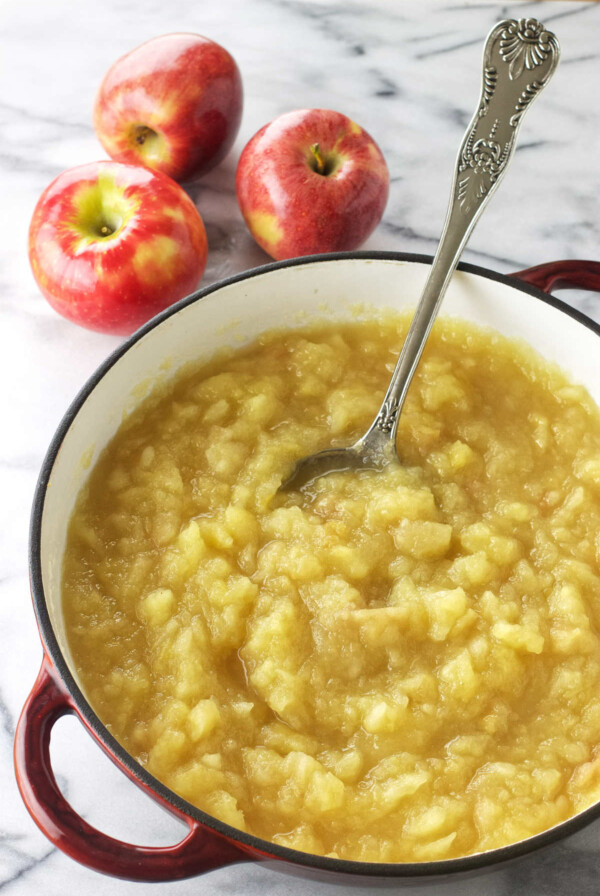 Unsweetened applesauce in a Dutch oven pot.