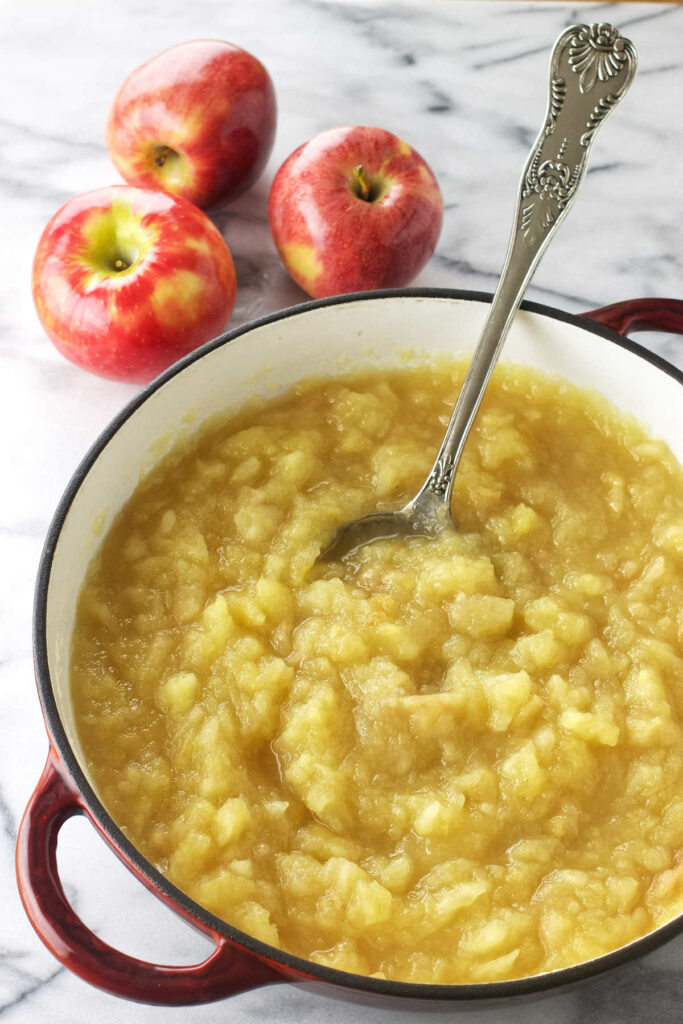 Unsweetened applesauce in a Dutch oven pot.