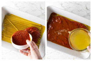 Pouring tomato sauce on top of spaghetti noodles then adding the chicken broth.