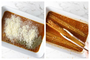 Adding seasonings and cheese then stirring everything together to coat the noodles in the sauce.