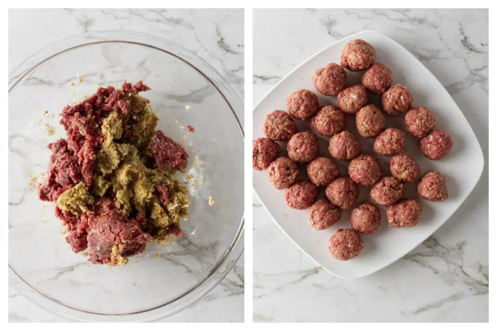 Mixing ground beef with bread crumbs and seasonings, then forming meatballs
