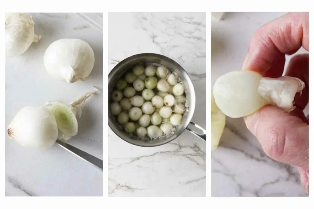 Slicing the tops off pearl onions then blanching them and removing the skin.