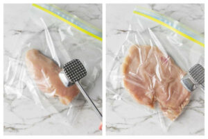 Pounding a chicken breast with a meat mallot.