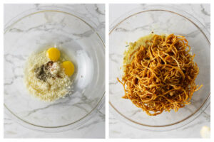 Whisking cheese, eggs, and cheese together then stirring in leftover spaghetti.
