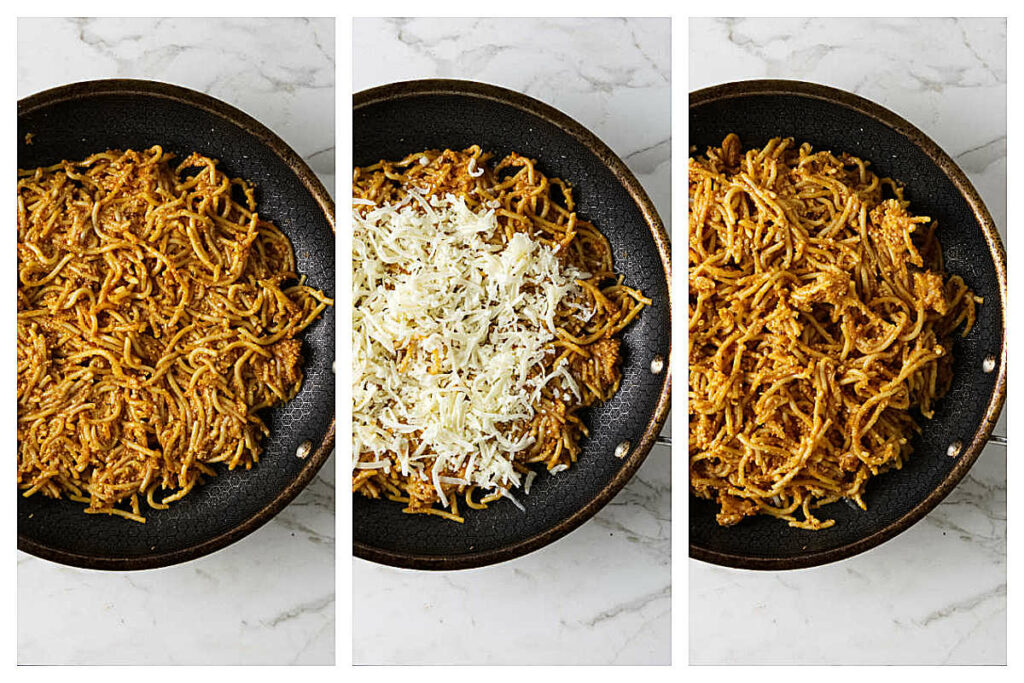 Three photos: Adding spaghetti to a skillet, topping it with cheese, then topping it with more spaghetti.