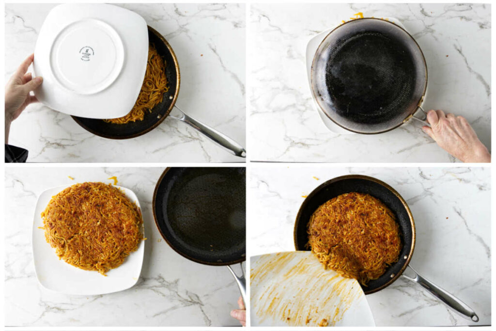 Four photos showing how to invert a pan with fried spaghetti onto a plate then sliding the spaghetti back into the pan to fry the other side.