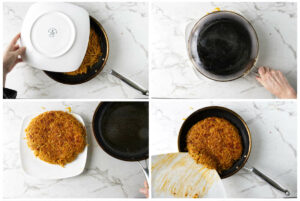 Inverting a pan with fried spaghetti onto a plate then sliding the spaghetti back into the pan to fry the other side.