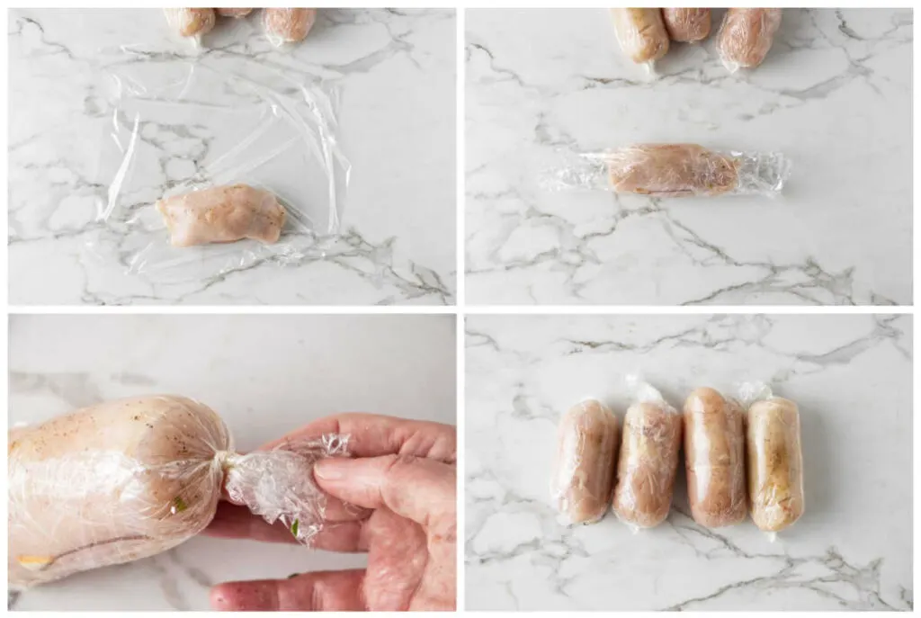 Wrapping the stuffed rolls of chicken in plastic wrap and sealing them snuggly before chilling in the fridge.