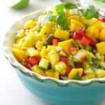 Pineapple mango salsa in a serving dish.