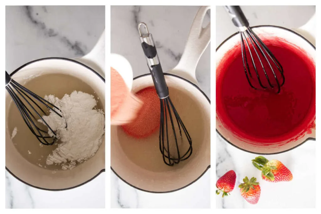 Adding cornstarch to a saucepan then adding the jello and mixing it on the stove.