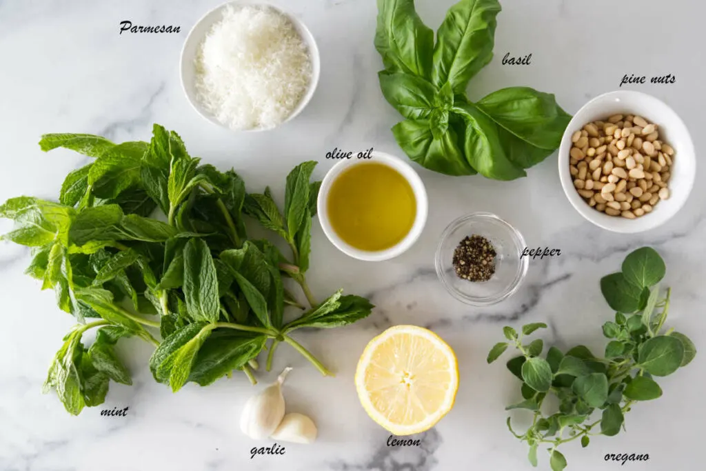Ingredients for mint sauce: mint, parmesan cheese, basil, pine nuts, oregano, pepper, lemon, olive oil, and garlic.