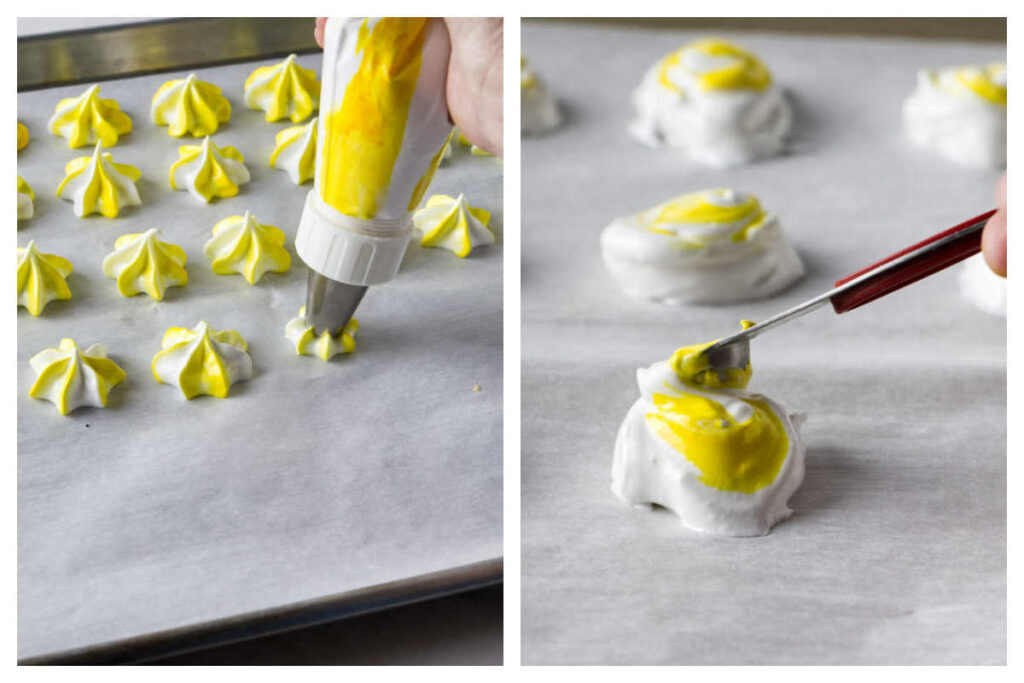 Left photo shows piping meringue on a baking sheet and the right photo shows how to spoon meringue on a baking sheet.