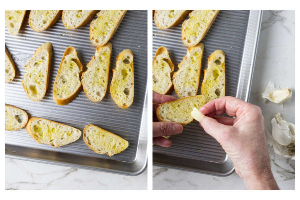 Toasting slices of baguette then rubbing them with a garlic clove.