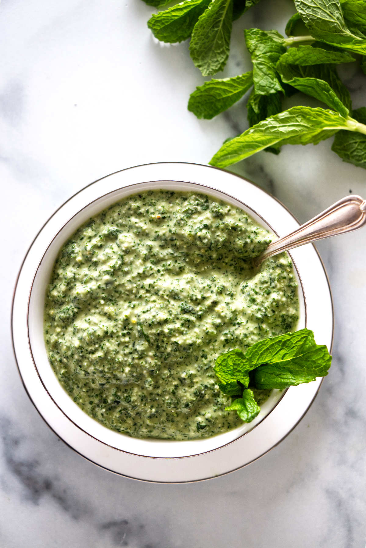 A dish of sauce made with fresh mint and parmesan.
