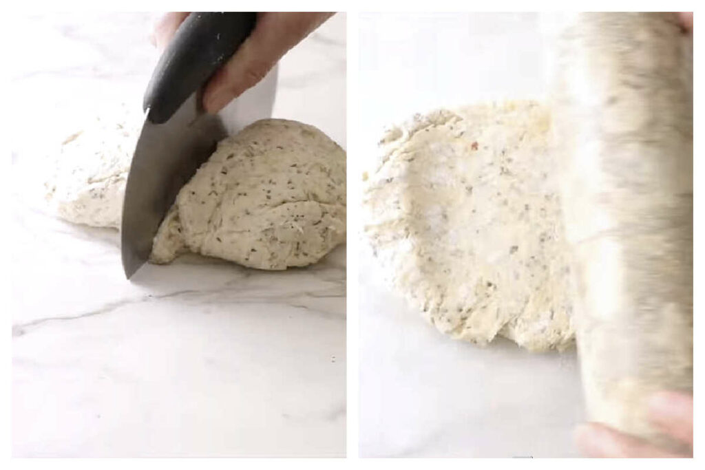 Slicing dough in half then rolling it into a thin sheet.
