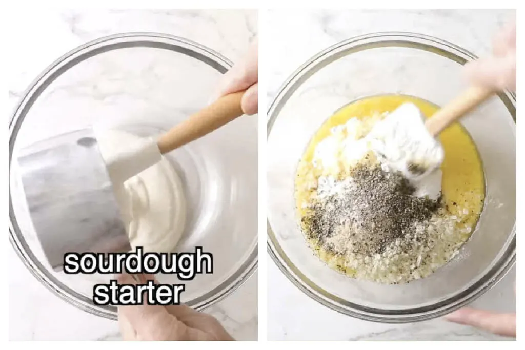 Adding sourdough starter to a bowl, then mixing in flour and seasonings.