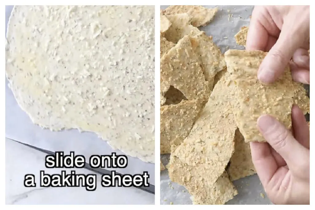Photo 1: topping cracker dough with seasonings and transferring it to a baking sheet. Photo 2: breaking the crackers into rustic shapes.