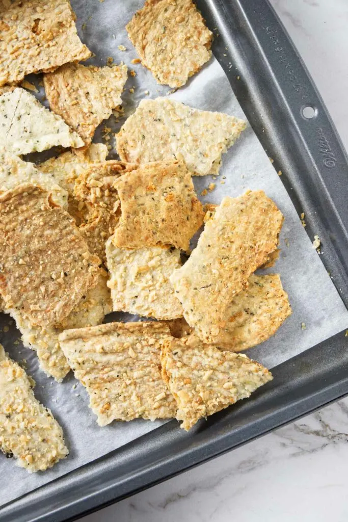 Crackers on a baking sheet.