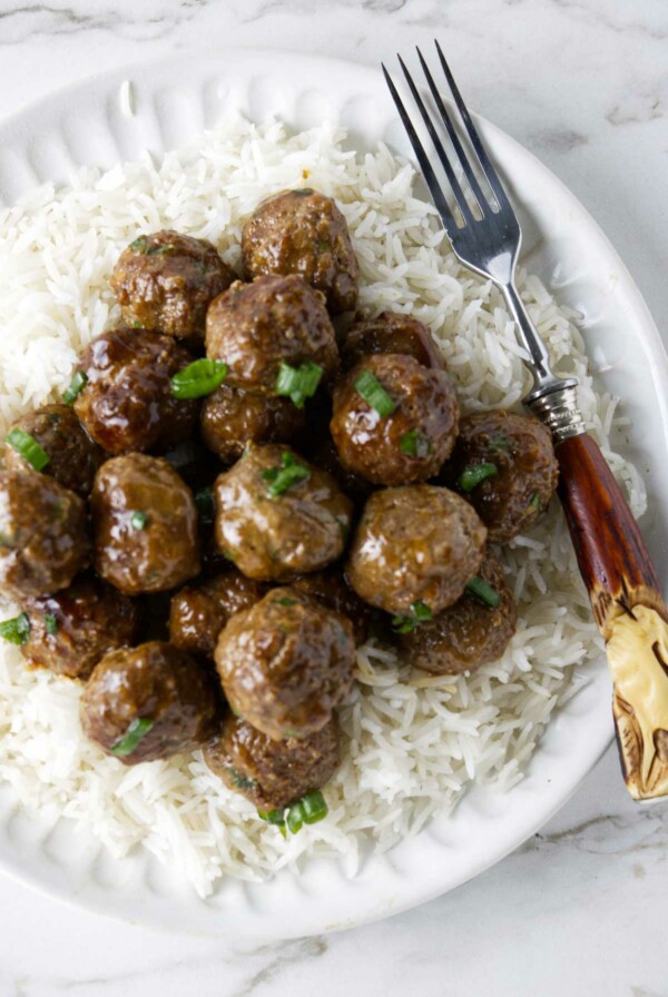 A plate with rice and wagyu meatballs.