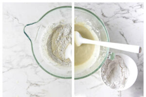 Stirring flour into the cupcake batter and alternating it with the sour cream.