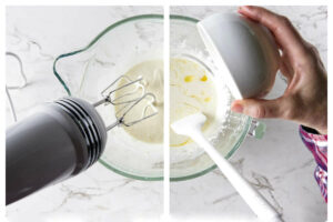 Beating the eggs with the sugar and then stirring in butter and oil.
