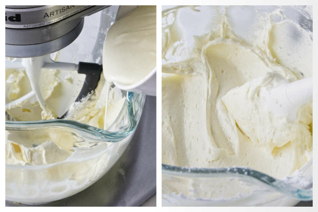 Mixing melted white chocolate into cream cheese buttercream.
