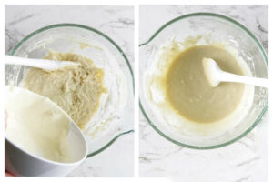 Stirring white chocolate into the cupcake batter.