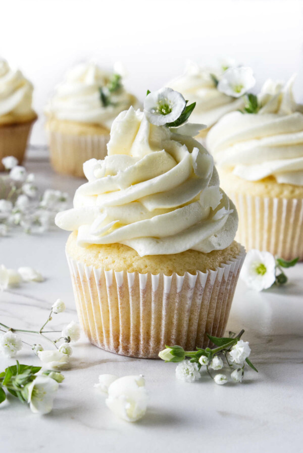 White chocolate cupcakes decorated with small white flowers.