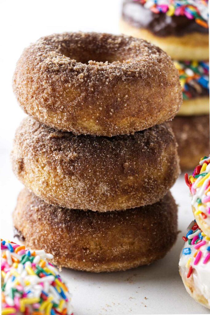 A stack of three sourdough cake donuts covered in cinnamon sugar.