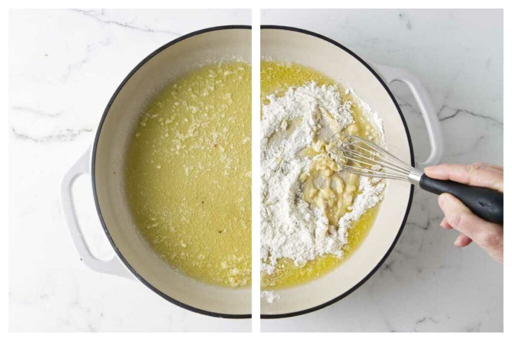 Melting butter and garlic in a skillet then whisking in flour.