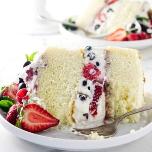 A slice of sponge cake with berries.