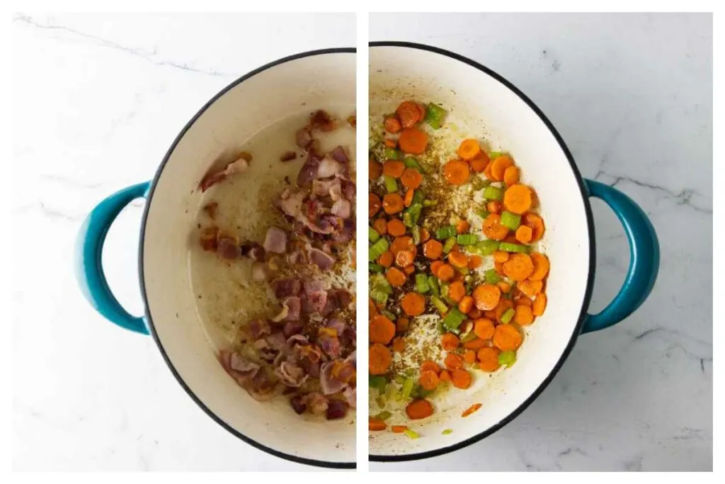 Sautéing bacon in a pot then adding the vegetables.