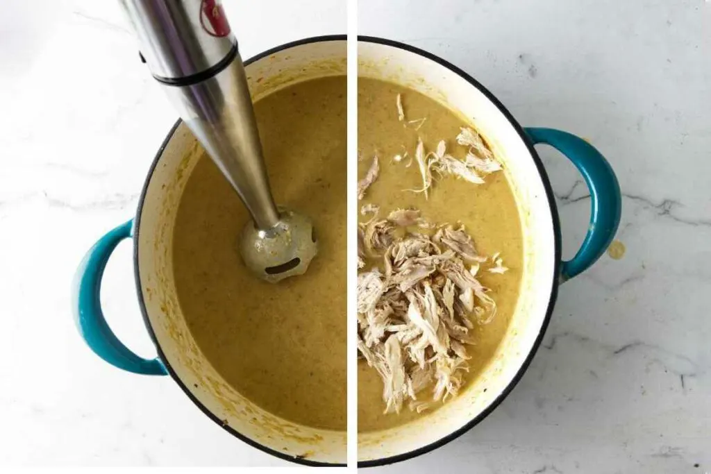 Blending the soup with a hand blender then adding shredded chicken.