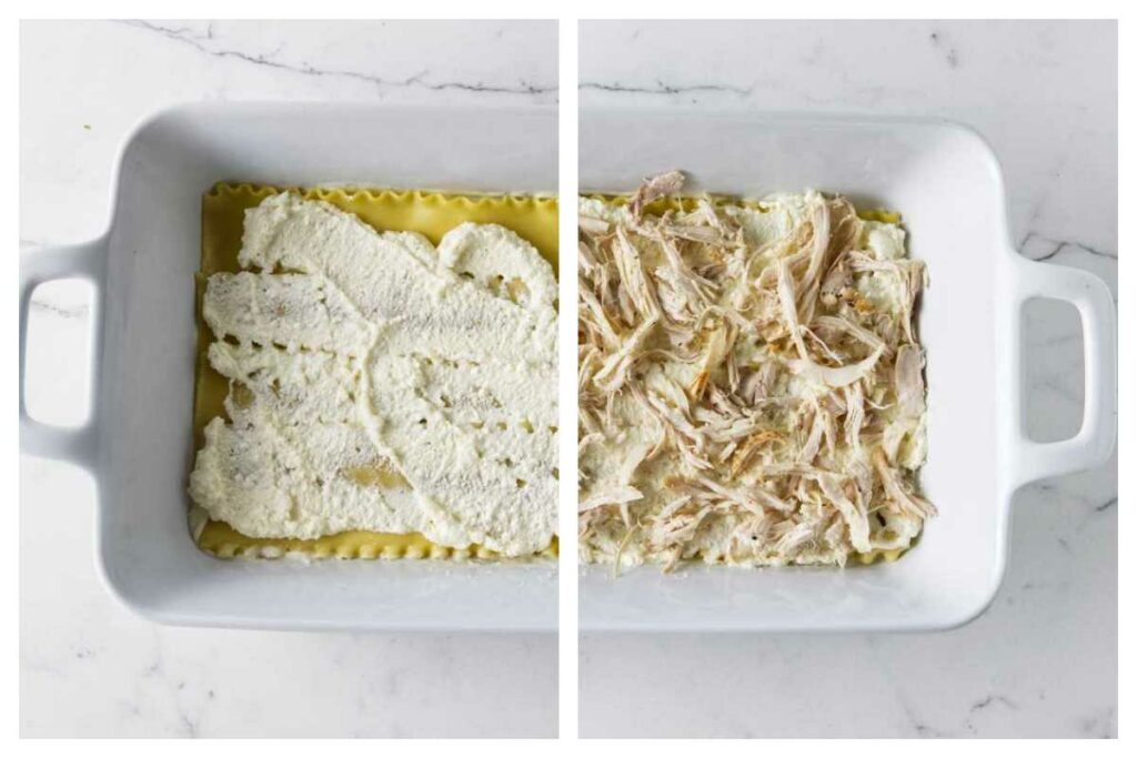 Adding a layer of ricotta over the lasagna noodles then topping it with shredded chicken.