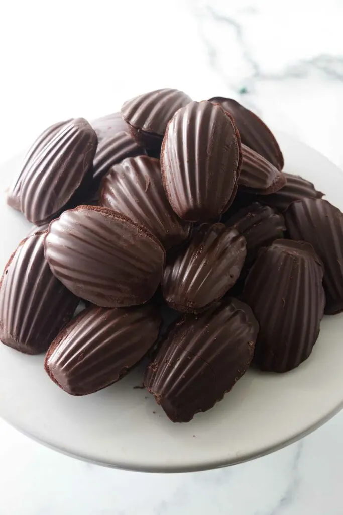 A plate of chocolate covered madeleines