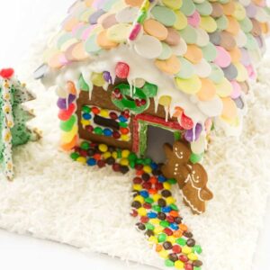A gingerbread house with candy.