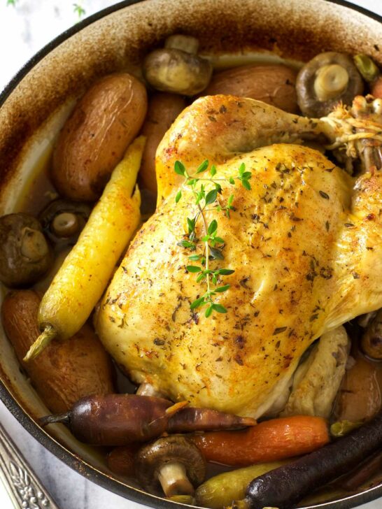 A Dutch oven whole chicken roasted with potatoes, carrots, and mushrooms.