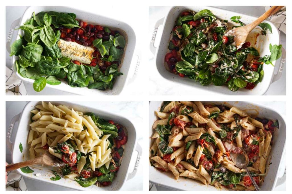 The process of adding spinach and basil, to the baked tomatoes and goat cheese, tossing it with a wooden spoon, then adding the pasta and finally tossing it all together.