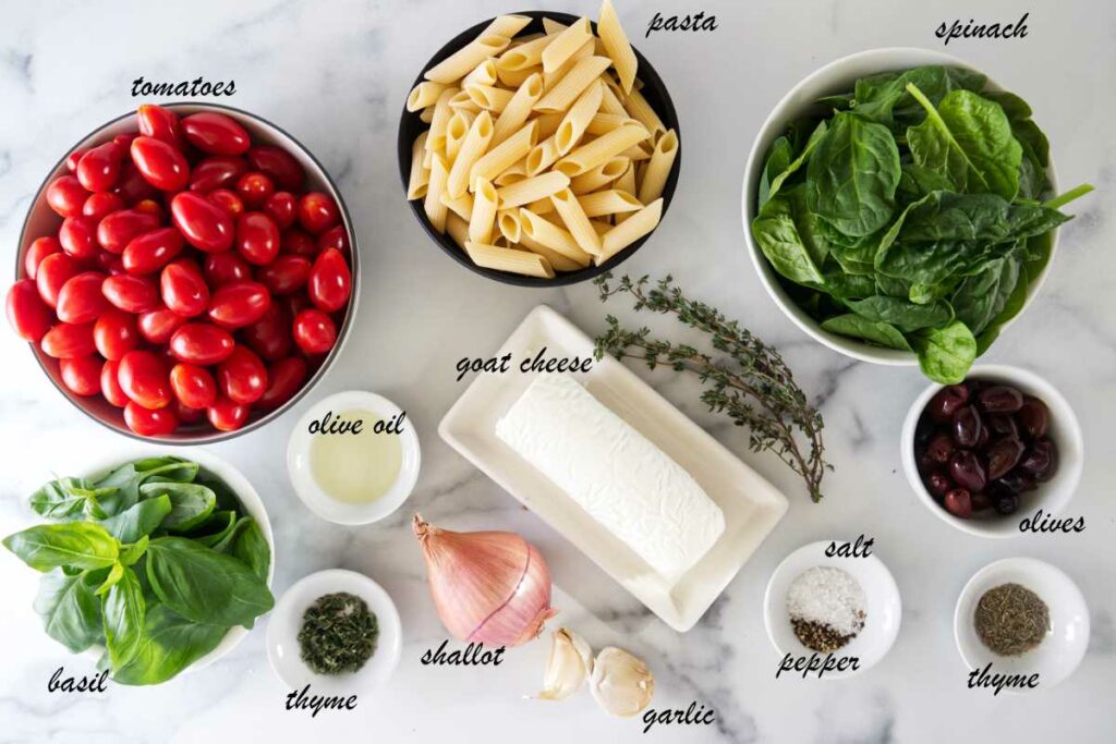 Ingredients for baked goat cheese pasta.