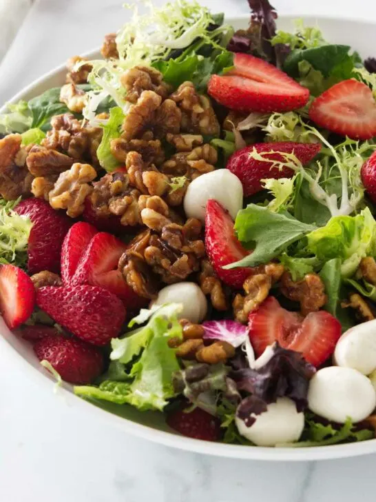 Close up view of the strawberry walnut salad.