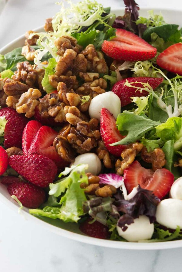 Close up view of the strawberry walnut salad.