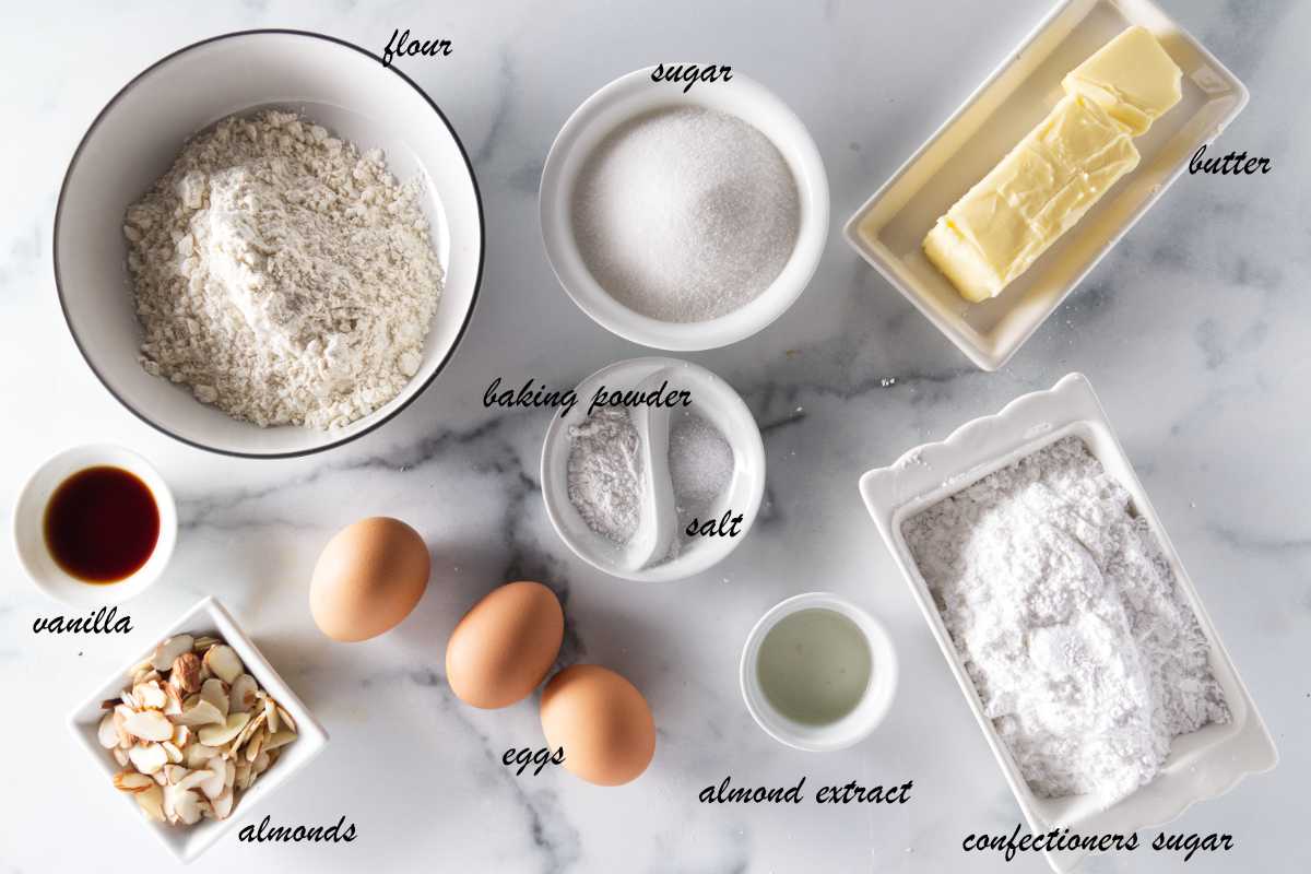 Ingredients for glazed almond madeleines.