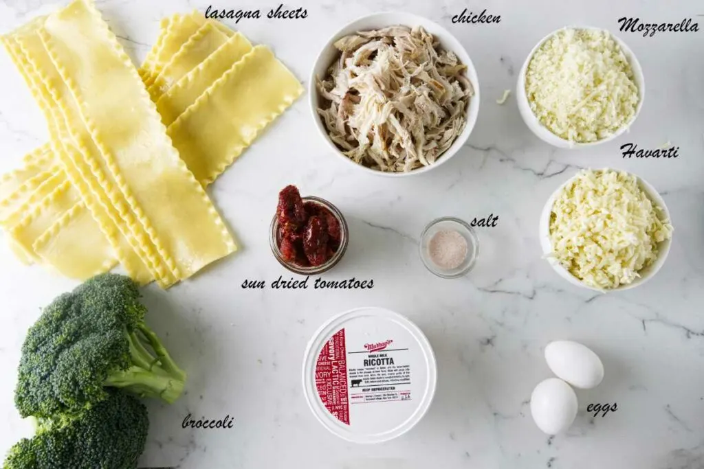 Ingredients: lasagna sheets, shredded chicken, Mozzarella, havarti, eggs, ricotta, salt, sun dried tomatoes, and broccoli.