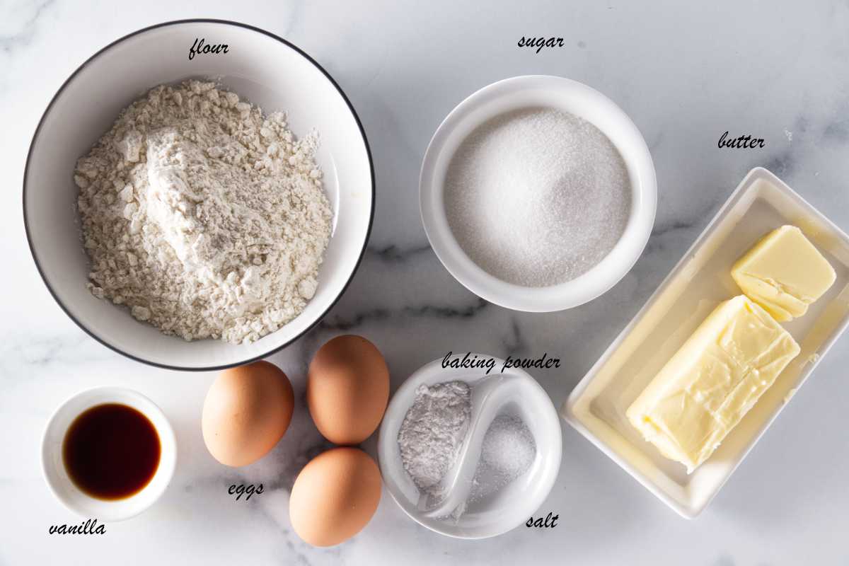 Ingredients: flour, sugar, butter, baking powder, salt, eggs, and vanilla.
