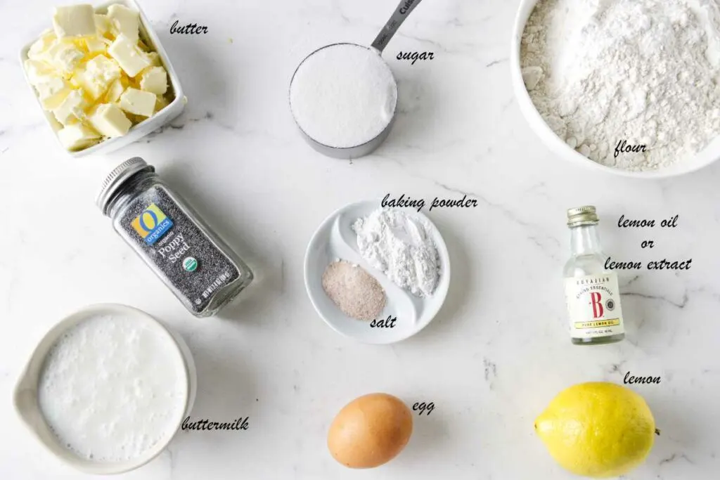 Ingredients for poppyseed scones: Butter, poppyseeds, lemon, lemon oil, sugar, flour, egg, buttermilk.