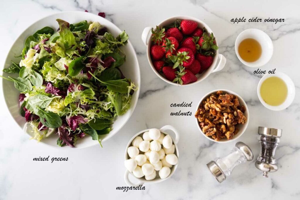 Ingredients for making the strawberry walnut salad: Salad greens, strawberries apple cider vinegar, olive oil, candied walnuts, mozzarella cheese balls, salt and pepper.