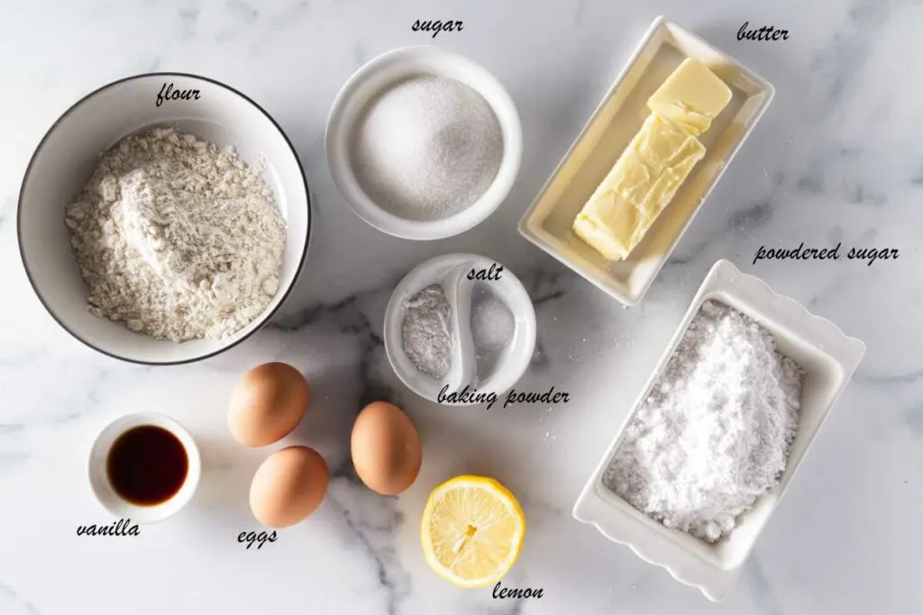 Ingredients: flour, sugar, butter, powdered sugar, lemon, baking powder, salt, eggs, vanilla.