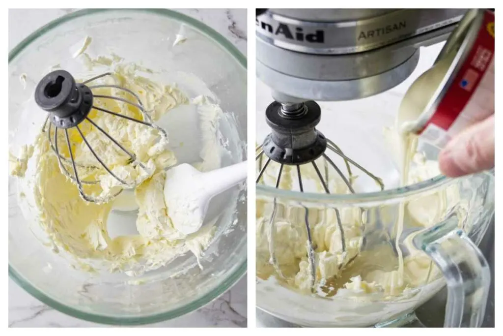 Whipping butter for condensed milk buttercream then slowly pouring condensed milk into the butter.