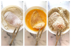 Dredging a chicken breast in flour, then an egg wash, then panko bread crumbs.