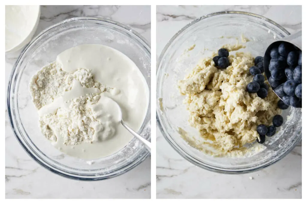 Stirring the sourdough and egg mixture into the flour mixture then adding the blueberries.